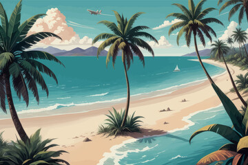 Fototapeta na wymiar tropical beach with palm leaves tropical beach with palm trees and sea tropical beach with palm leaves
