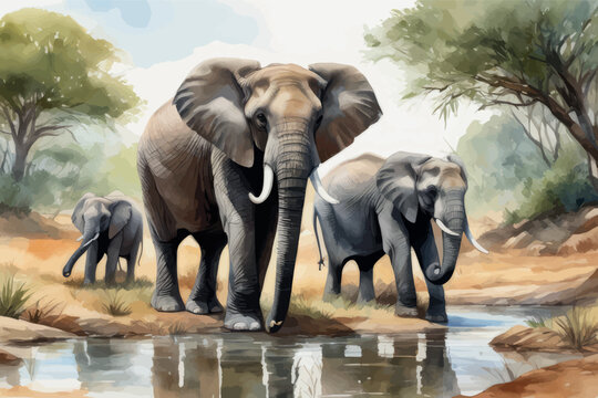 cartoon scene with hippopotamus elephant swimming in river near the meadow with elephant illustration illustration of a herd of elephants cartoon scene with hippopotamus elephant swimming in river nea