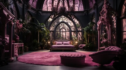 luxurious bedroom with gothic window