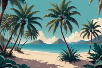 Fototapeten 3d illustration of beautiful sea background 3d illustration of beautiful sea background beach scene in summer with tropical palm trees and ocean © Shubham