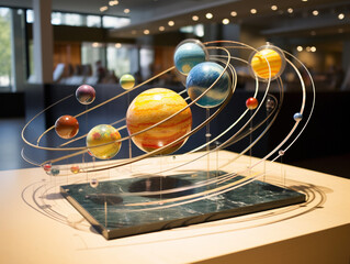 A model of the solar system with realistic looking planets placed on a table.