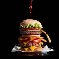Hamburger on a black background , stock photo