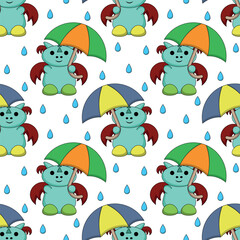 Seamless pattern with cute Dragon with umbrella