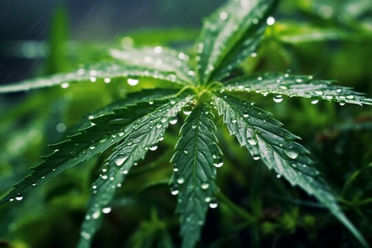 Image of marijuana plants covered in dew drops. Generative AI
