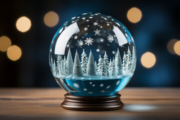 Fototapeta na wymiar Crystal ball with winter pine forest set against a backdrop of warm bokeh lights, perfect for seasonal greeting cards and winter-themed marketing, for holiday backgrounds, banners and festive decor
