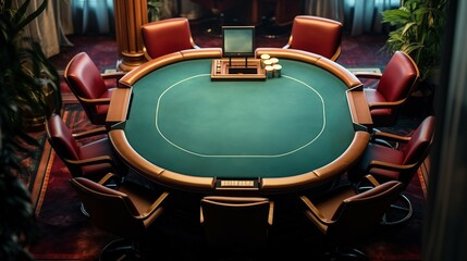 Ante Up: Top-Down View of a Casino Poker Table and Chairs Set for Card Game Action, Generative AI