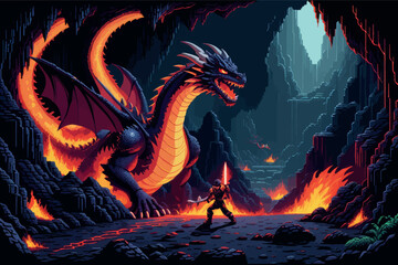 fantasy fire dragon in the cave fantasy fire dragon in the cave vector illustration with a man in the forest with a sword