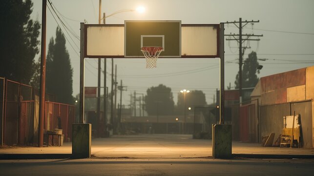 Basketball in the Raw: Street Court with a Hoop in the Industrial District, Generative AI