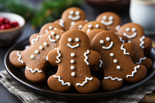 Smiling gingerbread cookies on a plate, for holiday advertising, greeting cards, and recipe blogs