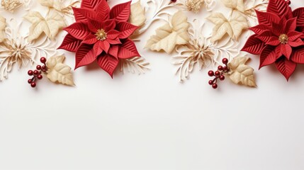 Festive Christmas Frame of Poinsettias, Holly, and Red Berries on White Background with Room for Text - Top View, Flat Lay Decoration