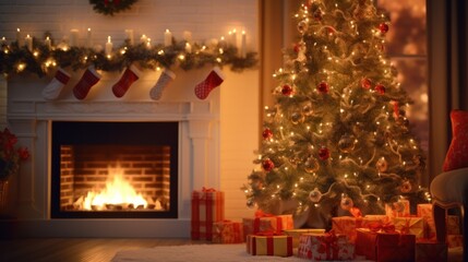 Festive Christmas Home with Tree and Fireplace Decorations Illuminated by Lights