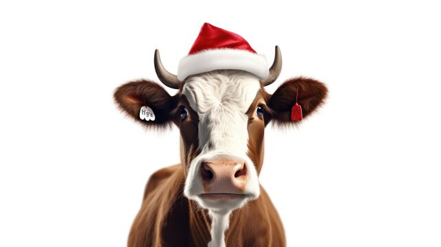 Funny Christmas Cow in Festive Hat Spreading Holiday Cheer on a Greeting Card