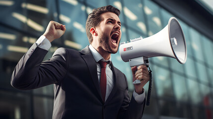 Handsome confident businessman yelling through a megaphone. Announcement concept