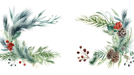 Hand-Painted Watercolor Christmas Fir Branch Border with Berries and Winter Plants for Holiday Greeting Cards and Invitations