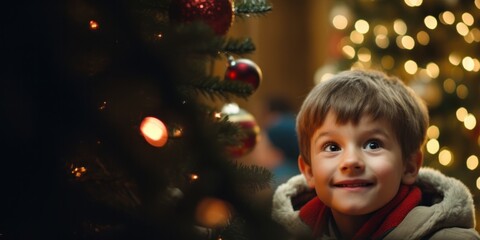 Fototapeta na wymiar Happily Waiting for Christmas: Excited Little Boy Smiling Near the Festive Christmas Tree and Gifts