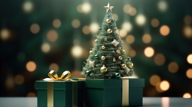 Green Christmas Background with Festive Gift Box and Ornamental Decorations for Christian Celebration in Generative AI Image