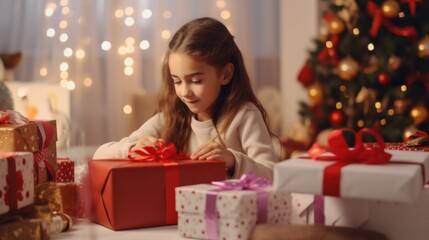 Fototapeta na wymiar Joyous Christmas moments captured: Young Girl opens Christmas presents with beauty and excitement.