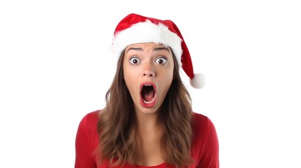 Merry Christmas Model with Surprised and Joyful Facial Expressions Wearing Red Santa Hat and Presenting Your Product on Isolated White Background
