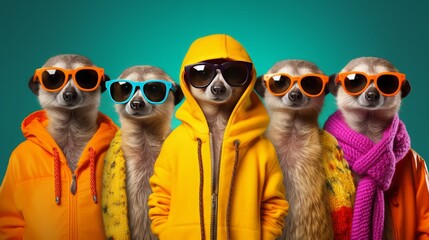 Meerkat in a group, vibrant bright fashionable outfit, copy space, 16:9 - obrazy, fototapety, plakaty