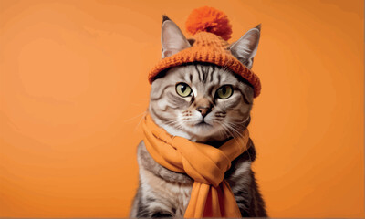 funny cat in hat with scarf and scarf on orange background funny cat in hat with scarf and scarf on orange background portrait of a cat in hat with a scarf