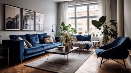 Blue sofa and recliner chair in scandinavian apartment, copy space, 16:9