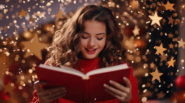 Magical Book of Red Stars for Christmas and New Year with a Girl Blowing Them Away - Isolated and Educational Literature for Reading and Learning