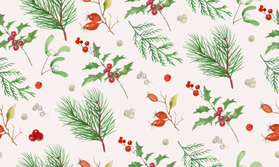 Watercolor Christmas seamless pattern. Hand drawn floral illustration isolated on pastel background. Vector EPS.