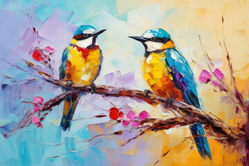 Colorful Birds Sitting on Branch Acrylic Painting. Canvas Texture, Brush Strokes.