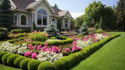 outdoor manicured lawn and flowerbed, 16:9, copy space, concept: dream garden