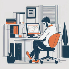 young businessman in a suit working in the office businessman in office. businessman works with computer. vector illustration.young businessman in a suit working in the office