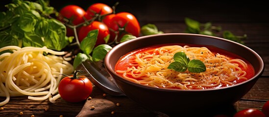 Wooden table with tomato soup and noodles - obrazy, fototapety, plakaty