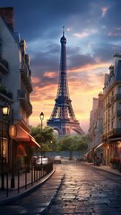 Street scene with eiffel tower oil painting image Ai generated art