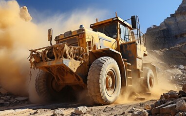 Fototapeta premium Powerful wheel loader or bulldozer working in a sand quarry