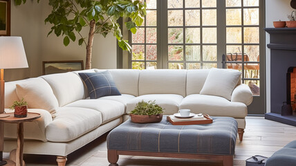 Interior design, home decor, sitting room and living room, white sofa and furniture in English country house and elegant cottage style