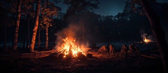 Nighttime fire in the wooded area