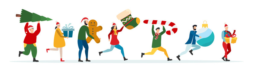 Happy people give gifts at New Year and Christmas corporate party. Vector.