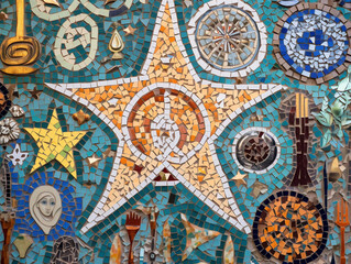 "Mosaic masterpiece showcasing intricate religious symbols, vibrant colors, and mesmerizing patterns in harmonious unity."