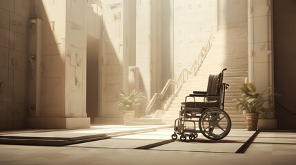 empty wheelchair positioned in front of a set of concrete stairs. Architectural barrier concept. Generative AI