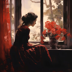 A very beautiful brunette woman with her wavy hair slightly disheveled, wearing a red dress, is sitting by a window looking down, looking down, there is a red flower bouquet and a red curtain