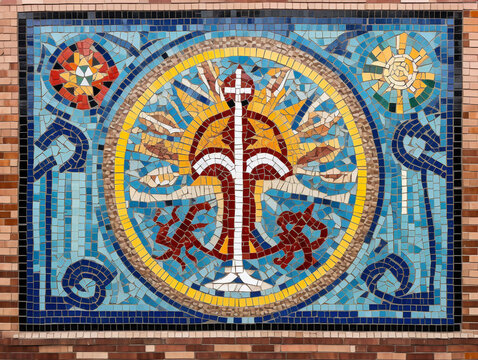 A religious mosaic artwork with various symbols representing different faiths beautifully fused together.
