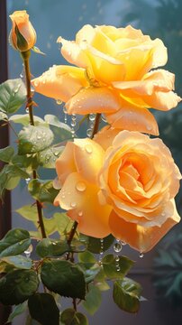 There two yellow roses grass flowers wallpaper image Ai generated art