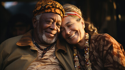 Happy african couple having tender moment outdoors at summer sunset.