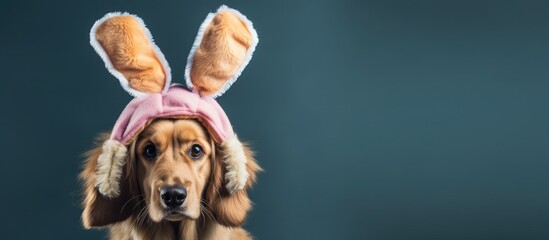 Shameful Golden Retriever Dog in bunny ears hiding - obrazy, fototapety, plakaty