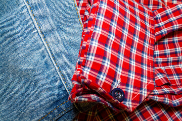 red-and-white checkered cotton fabric and blue denim fabric