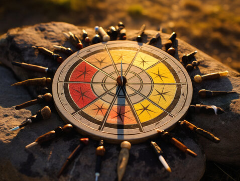 A symbolic Native American medicine wheel representing harm, with intricate patterns and vibrant colors.