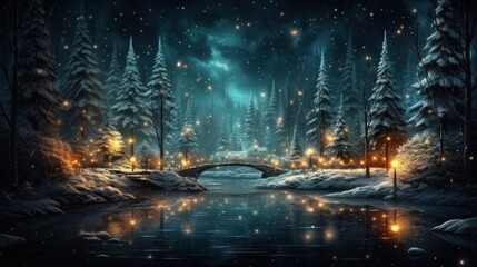 Christmas night in the forest with lights and christmas lights - obrazy, fototapety, plakaty