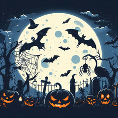 Spooky Halloween illustration concept with pumpkins, moon, bats and old house.