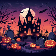 Spooky Halloween illustration concept with pumpkins, moon, bats and old house.