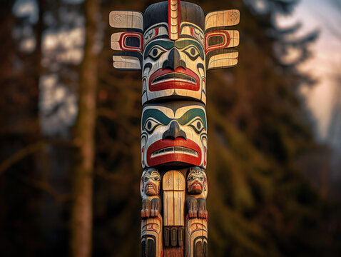 A colorful Native American totem pole representing ancestral heritage, standing tall and majestic.
