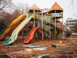 Fototapeta na wymiar An old and dilapidated public playground, in need of repairs and attention from authorities.